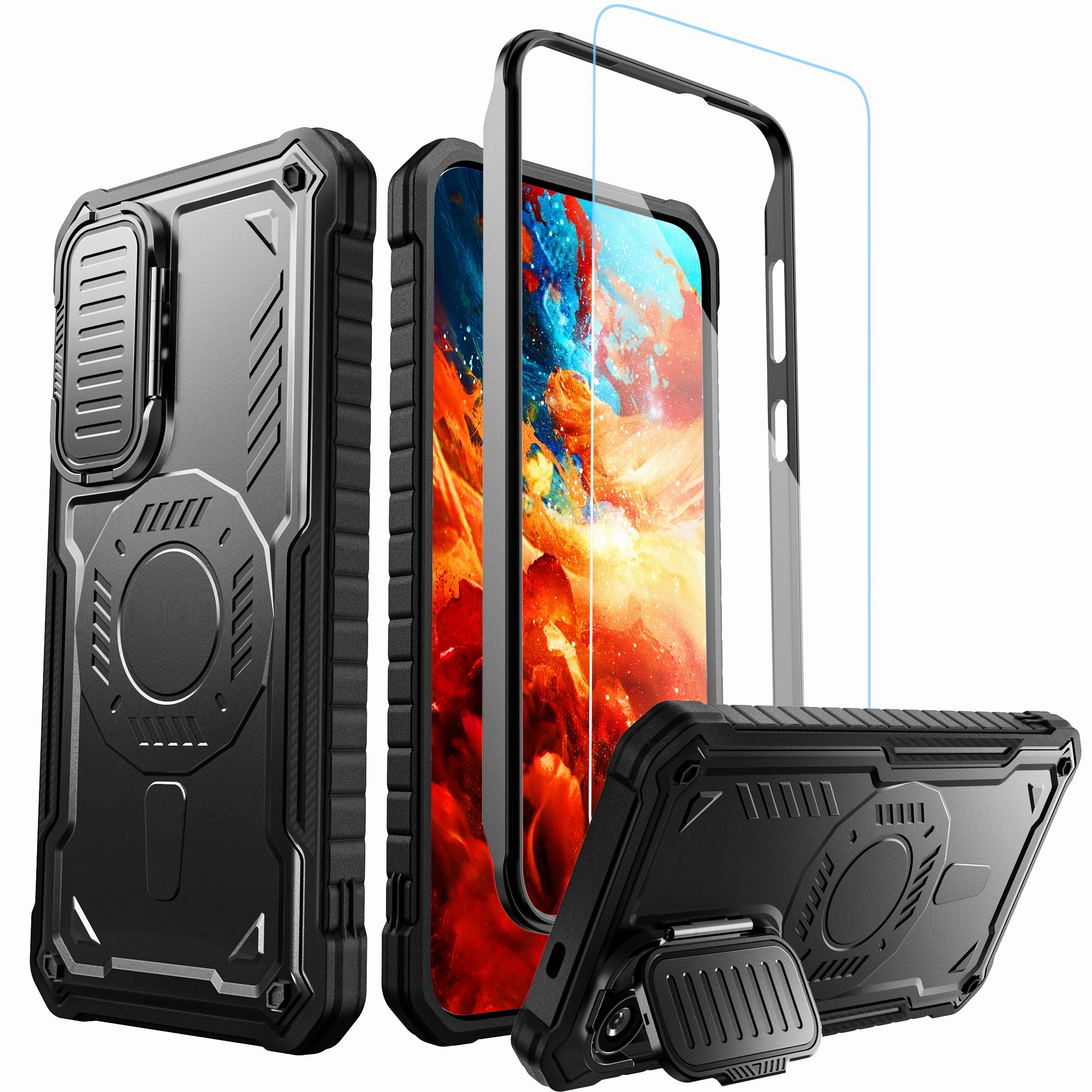 ExoGuard for Samsung Galaxy S24 Series Case with Screen Protector,Rubber Full-Body Cover Protective Case with Camera Cover and Kickstand Function for Samsung S24 / Samsung S24 Plus / Samsung S24 Ultra Matte Texture Surface Protective Lining