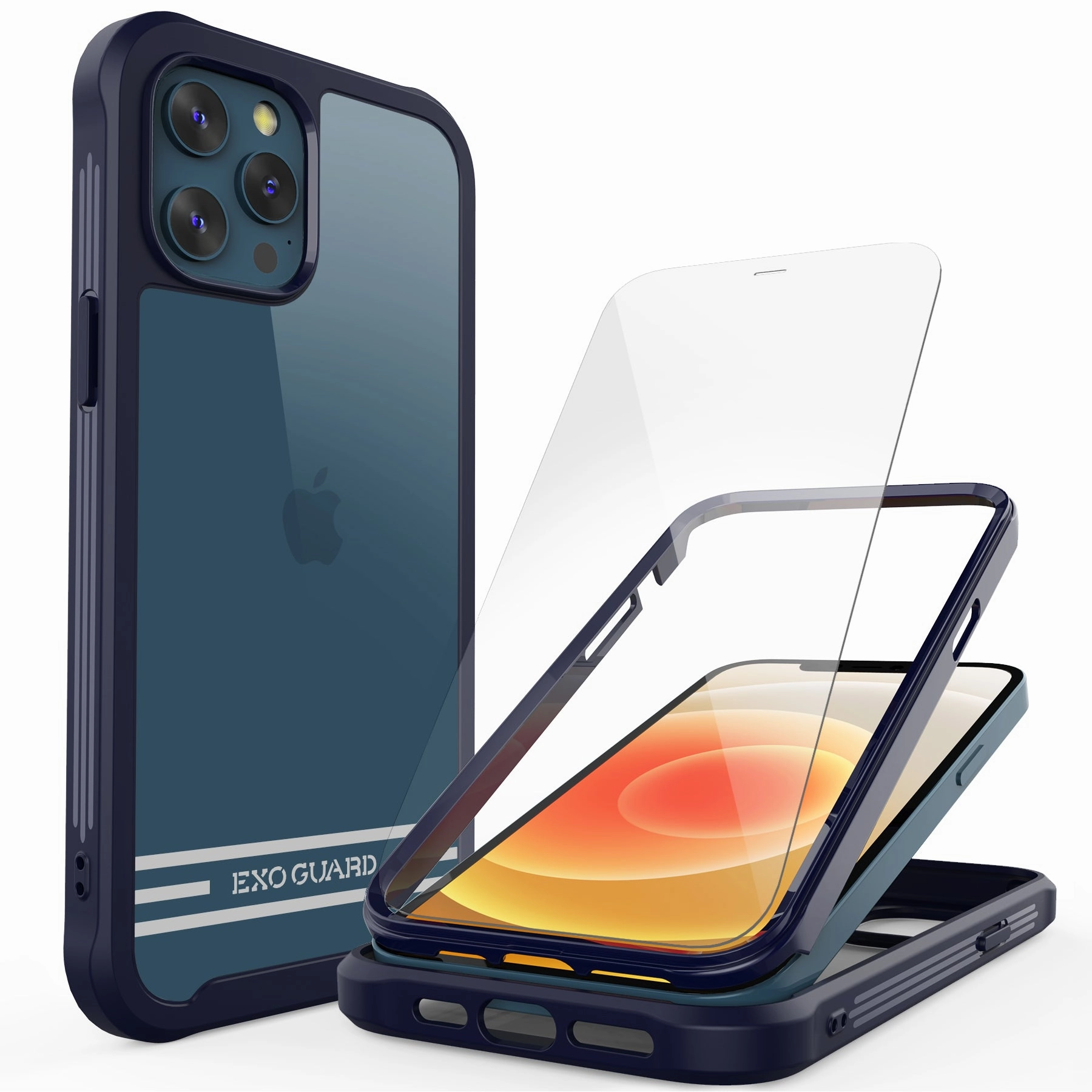 Flexible Pattern Texture Hybrid Texture Layer ExoGuard iPhone 12 Series Case with Screen Protector, Dual Layer Full Body Protection Cover Clear Back Phone Case for iPhone Series