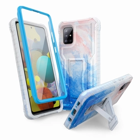 Durable Shape ExoGuard Samsung Galaxy A51 5G Case, Rubber Shockproof Heavy Duty Case with Screen Protector for Samsung A51 5G Phone, Built-in Kickstand(Sea Blue/Soft Pink)