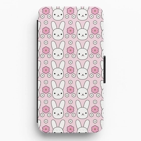 Matte Texture Layer Bunnies And Flowers Pattern Flip / Wallet Phone Case