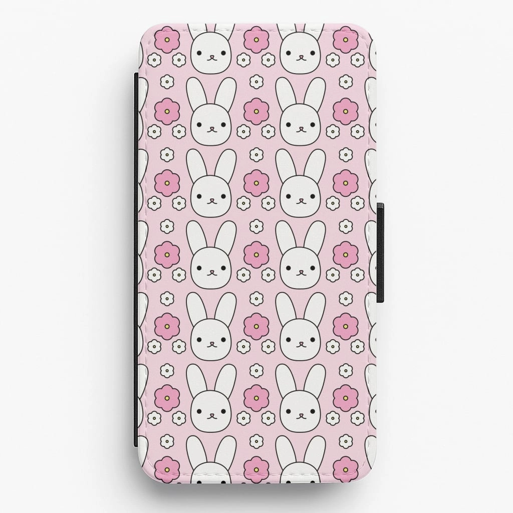 Matte Texture Layer Bunnies And Flowers Pattern Flip / Wallet Phone Case