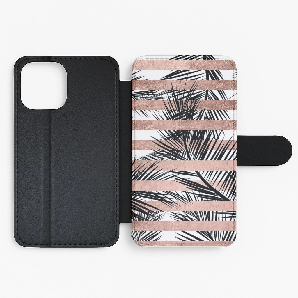 Elegant Build Texture Rose Gold Tropical Palm Leaf Pattern Flip Wallet Phone Case