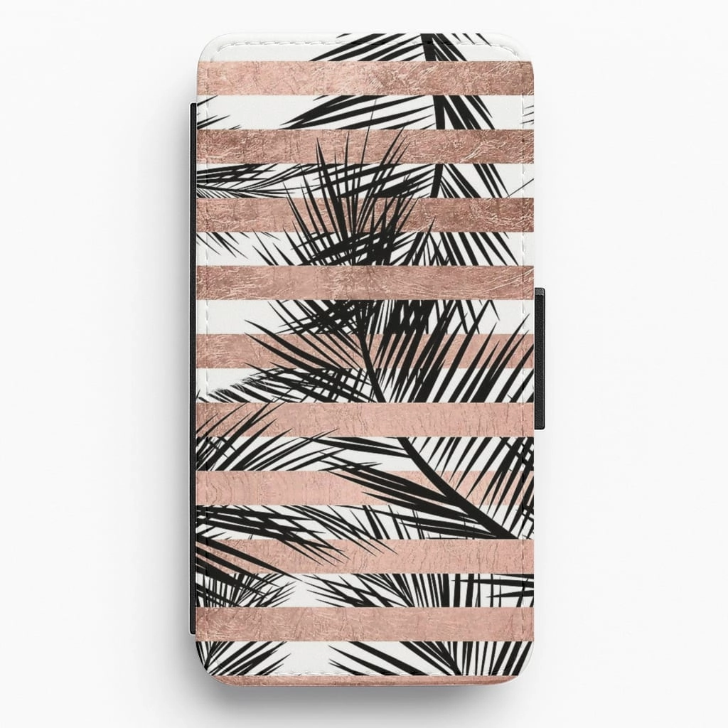 Rose Gold Tropical Palm Leaf Pattern Flip Wallet Phone Case Hybrid Grip Finish Grip Safe