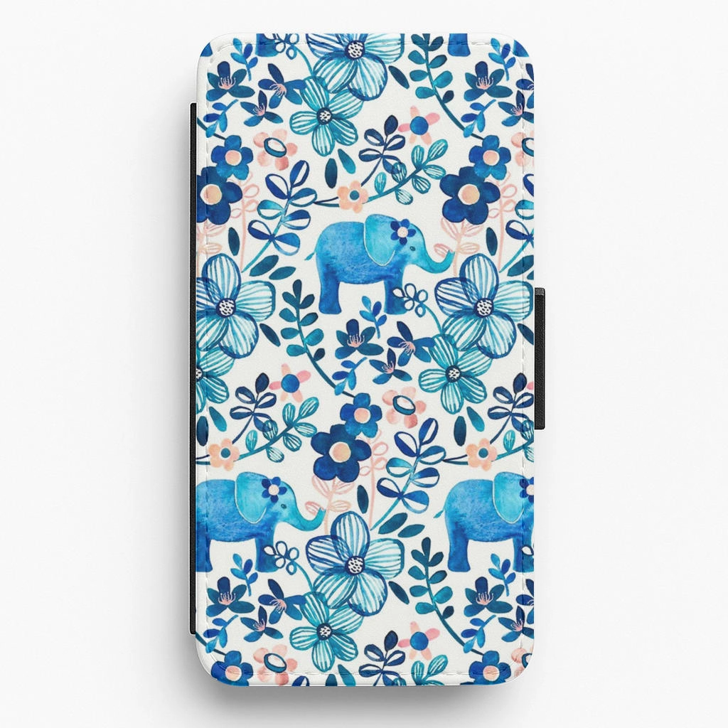 Elephant and Floral Pattern Flip Wallet Phone Case Gloss Surface Minimal Pattern