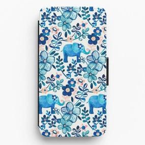 Elephant and Floral Pattern Flip Wallet Phone Case Gloss Surface Minimal Pattern
