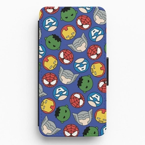 Cute Chibi Heroes Pattern Blue Flip / Wallet Phone Case Pocket Size Soft Finish Layer