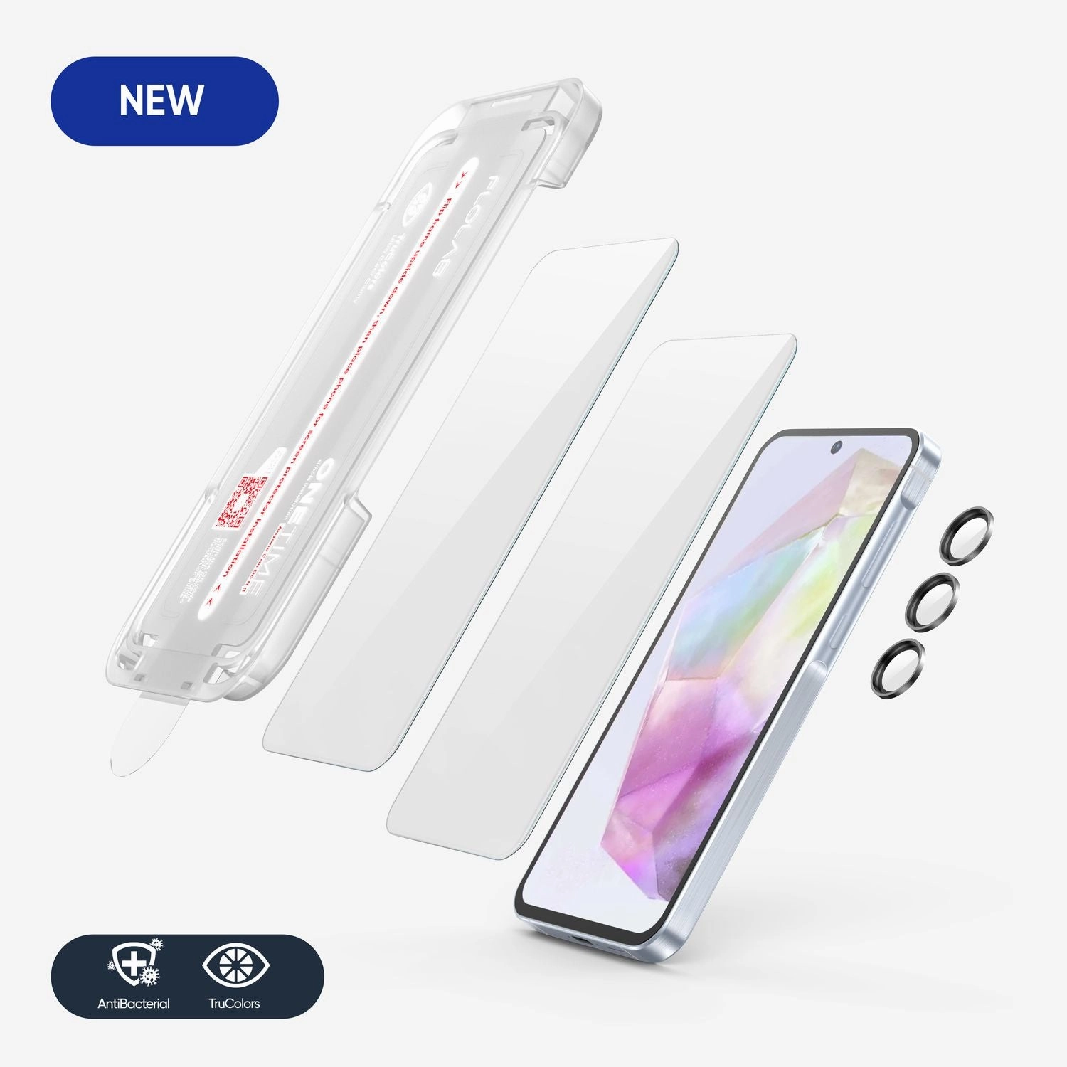 FLOLAB NanoArmour ONETIME for Galaxy A35: 2 Screen Protectors, 1 Black Lens Glass - Anti-Microbial, Ultra Clear Anti Glare Max Elite Screen Guard