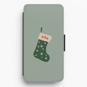 Outdoor Use Green Stocking - Personalised Christmas Flip / Wallet Phone Case