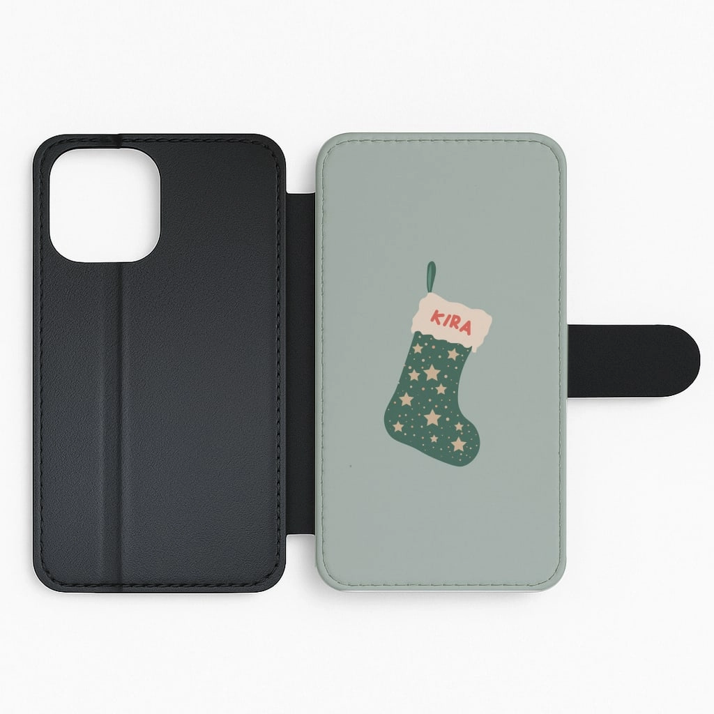 Rugged Build Texture Marble finish Green Stocking - Personalised Christmas Flip / Wallet Phone Case