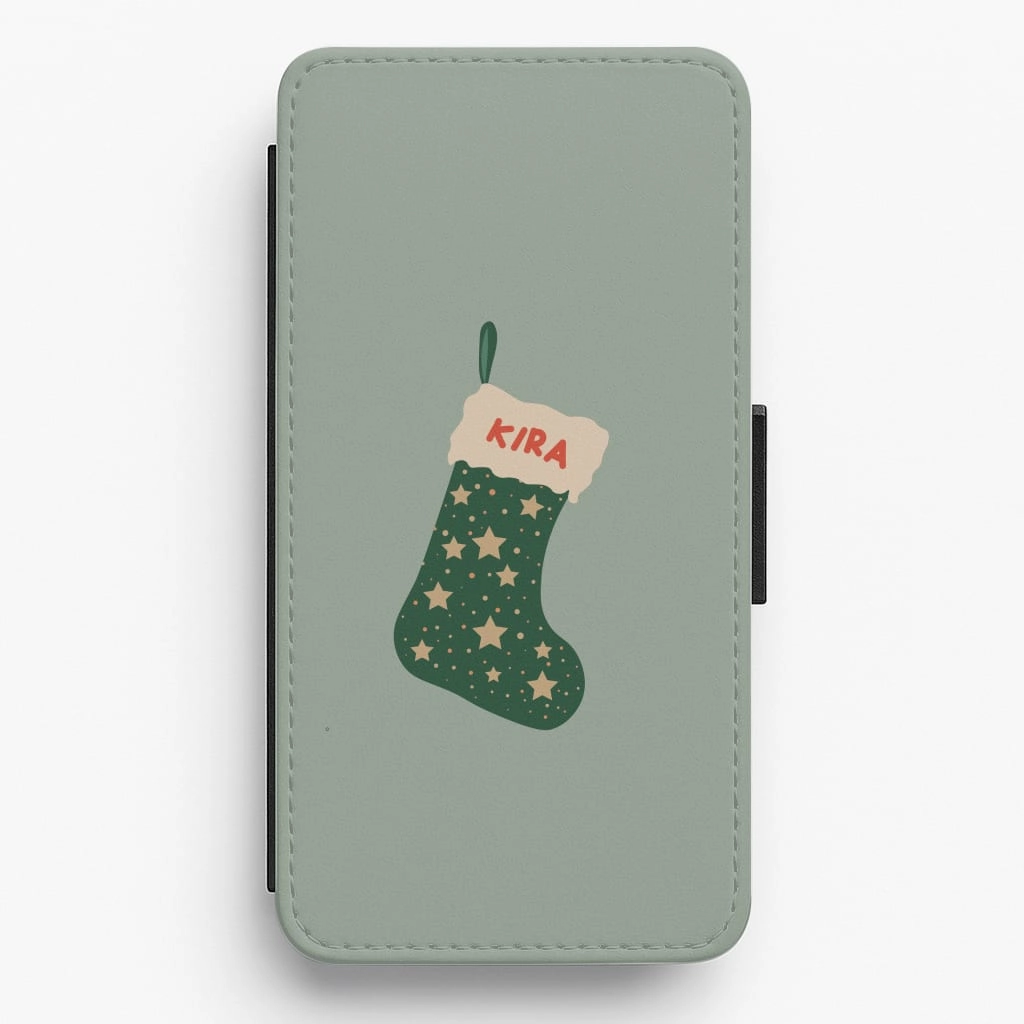 Outdoor Use Green Stocking - Personalised Christmas Flip / Wallet Phone Case