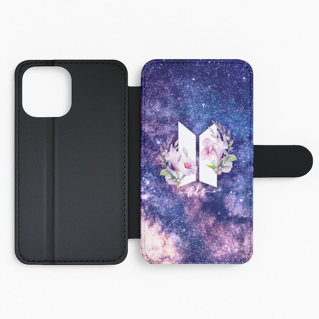 Soft Layer Galaxy Floral K-Pop Band Logo Flip Wallet Phone Case
