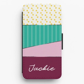 Geometric Patterns Personalised Name Flip / Wallet Phone Case Hybrid Grip Finish