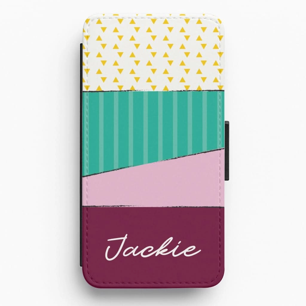 Geometric Patterns Personalised Name Flip / Wallet Phone Case Hybrid Grip Finish