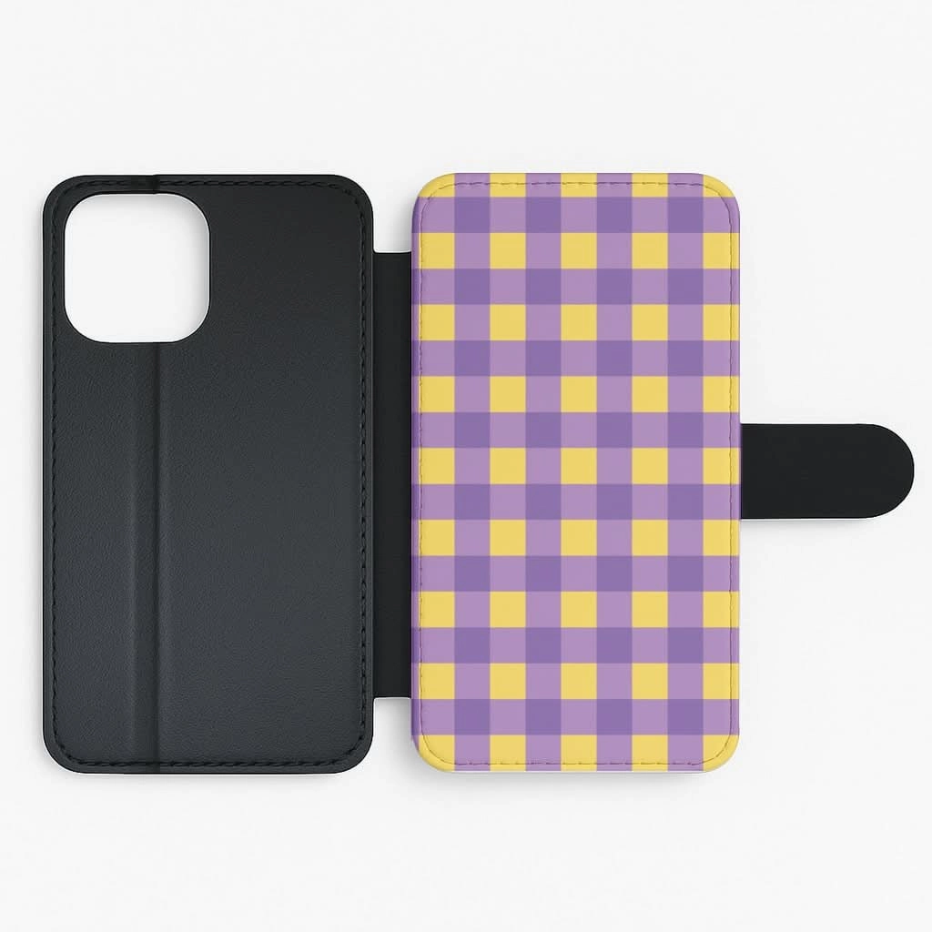 Purple And Yellow Checkered Pattern Flip / Wallet Phone Case Flexible Pattern Sleek Texture