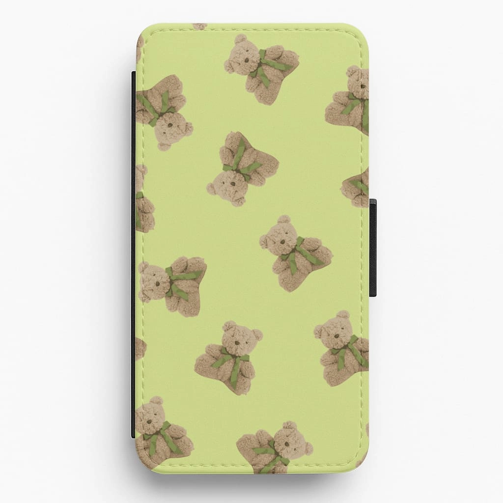 Luxury Coating Polished Texture Green Teddy Bears Flip / Wallet Phone Case