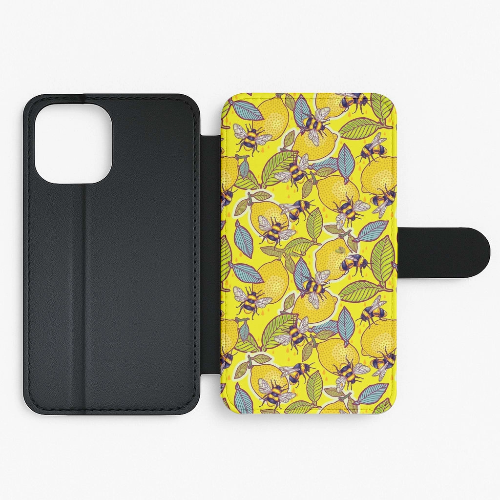 Tough Exterior Hybrid Build Yellow Lemon and Bee Flip Wallet Phone Case