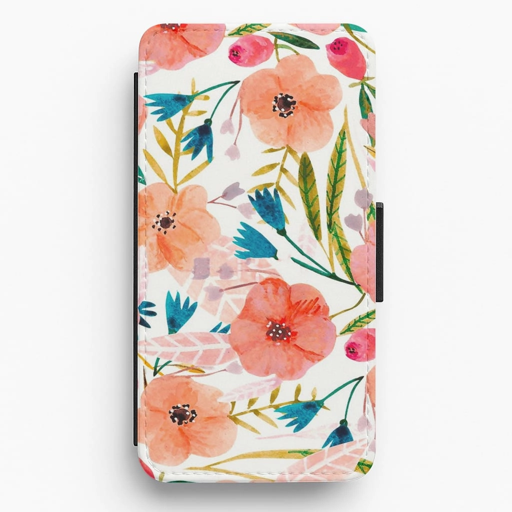 Gradient Finish Stylish Detail Layer Peach Watercolour Floral Pattern Flip Wallet Phone Case