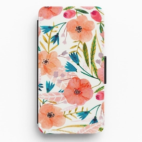 Gradient Finish Stylish Detail Layer Peach Watercolour Floral Pattern Flip Wallet Phone Case