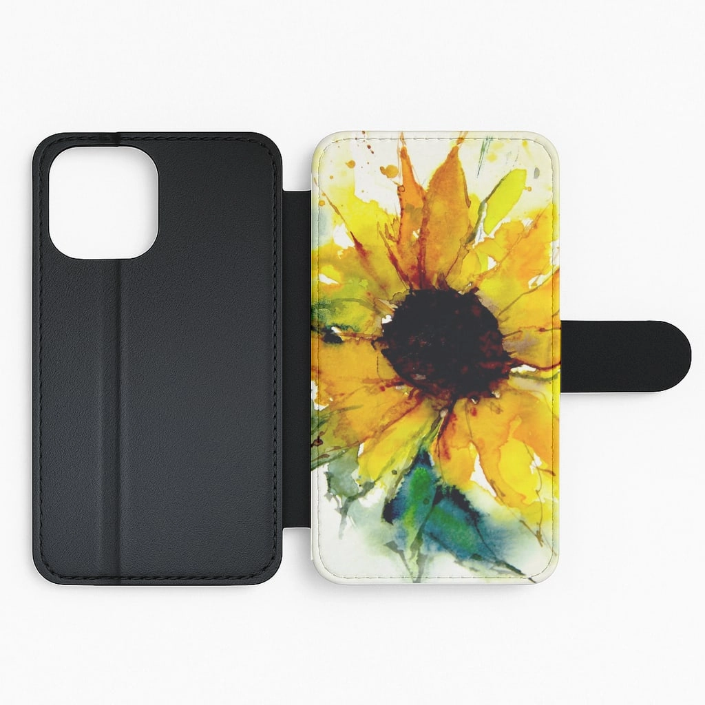 Watercolour Sunflower Flip Wallet Phone Case Shockproof Frame Vivid Pattern