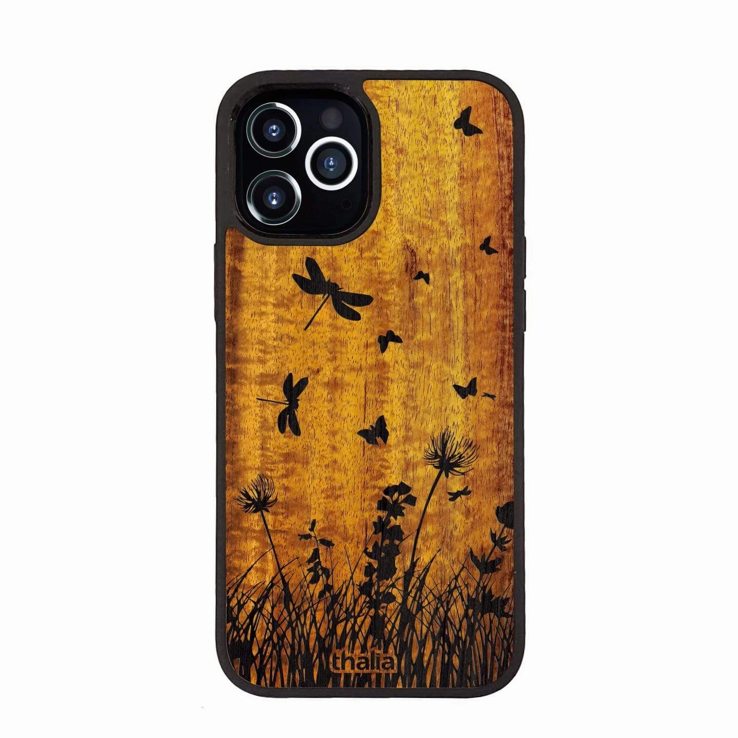 Hawaiian Koa with Spring Meadow Engraving | iPhone Case Durable Frame Comfort Edge