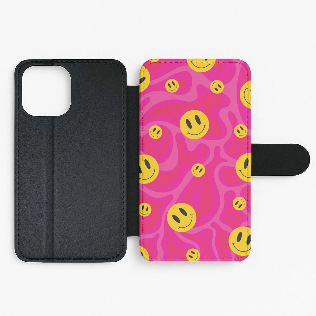 High-End Detail Pink Wavey Smileys Pattern Flip / Wallet Phone Case