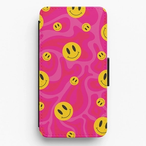 Rugged Texture Design Pink Wavey Smileys Pattern Flip / Wallet Phone Case