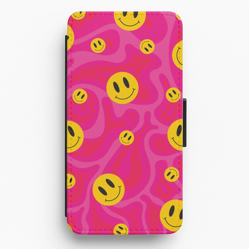 Rugged Texture Design Pink Wavey Smileys Pattern Flip / Wallet Phone Case