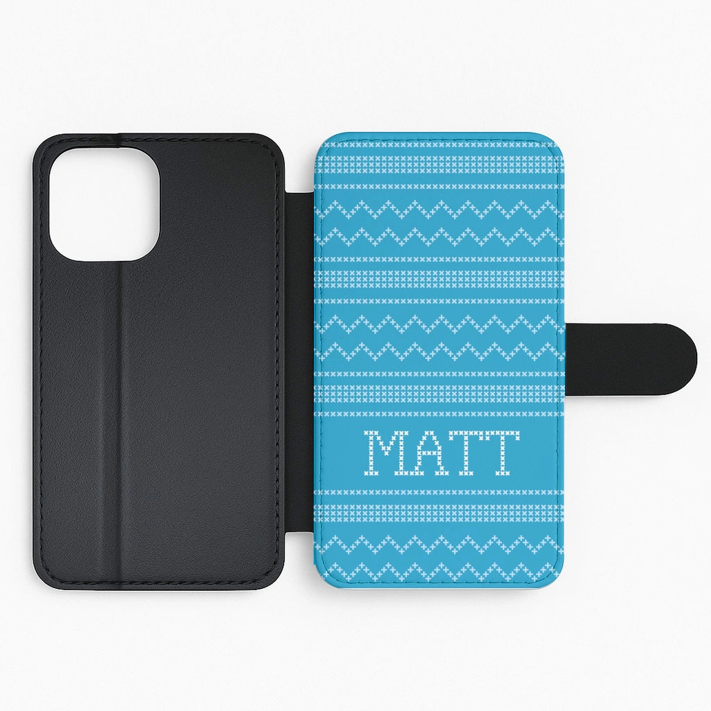 Durable Edge Hybrid Texture Design Personalised Christmas Jumper Blue Flip / Wallet Phone Case