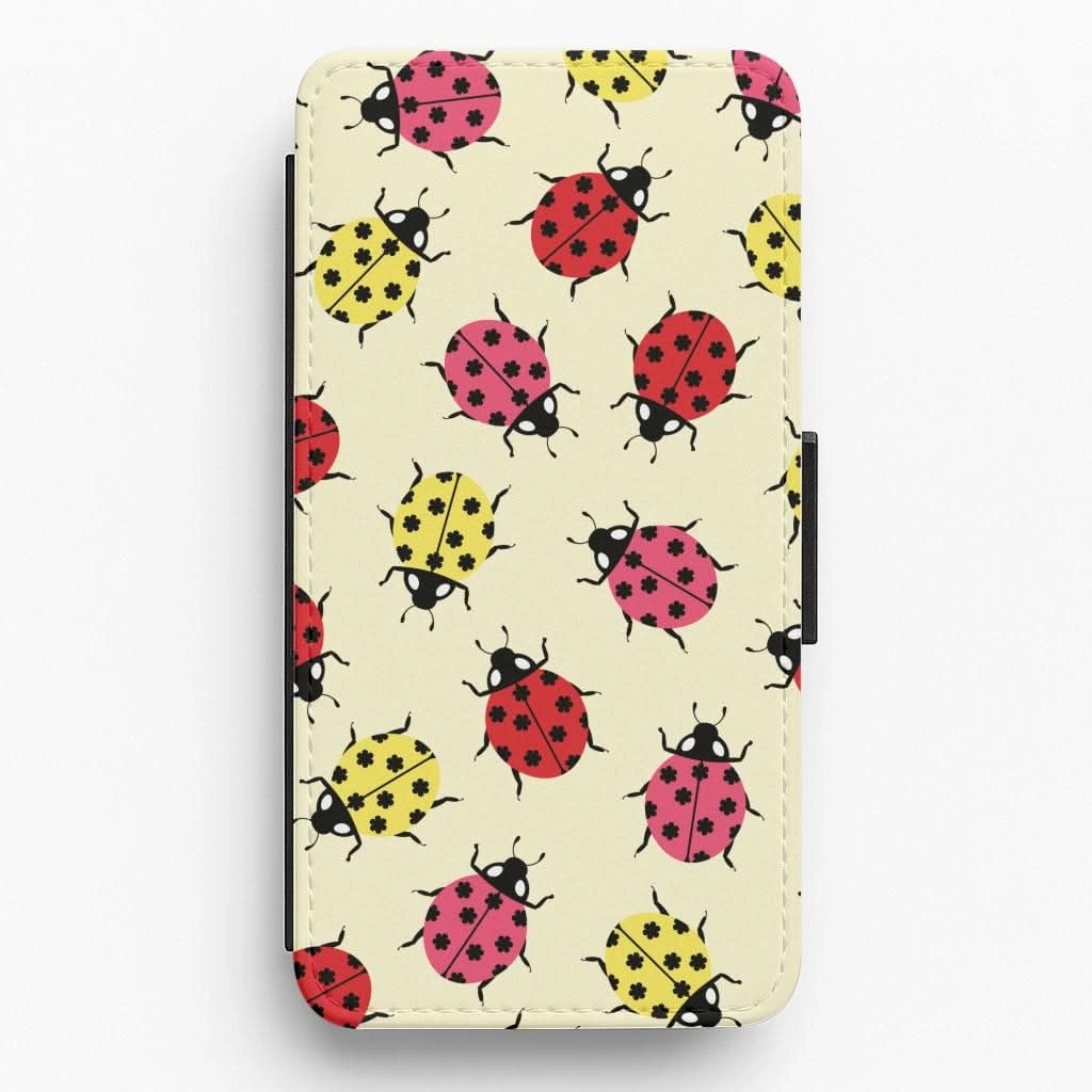 Resistant Layer Shock Guard Ladybugs With Flower Spots Pattern Flip / Wallet Phone Case