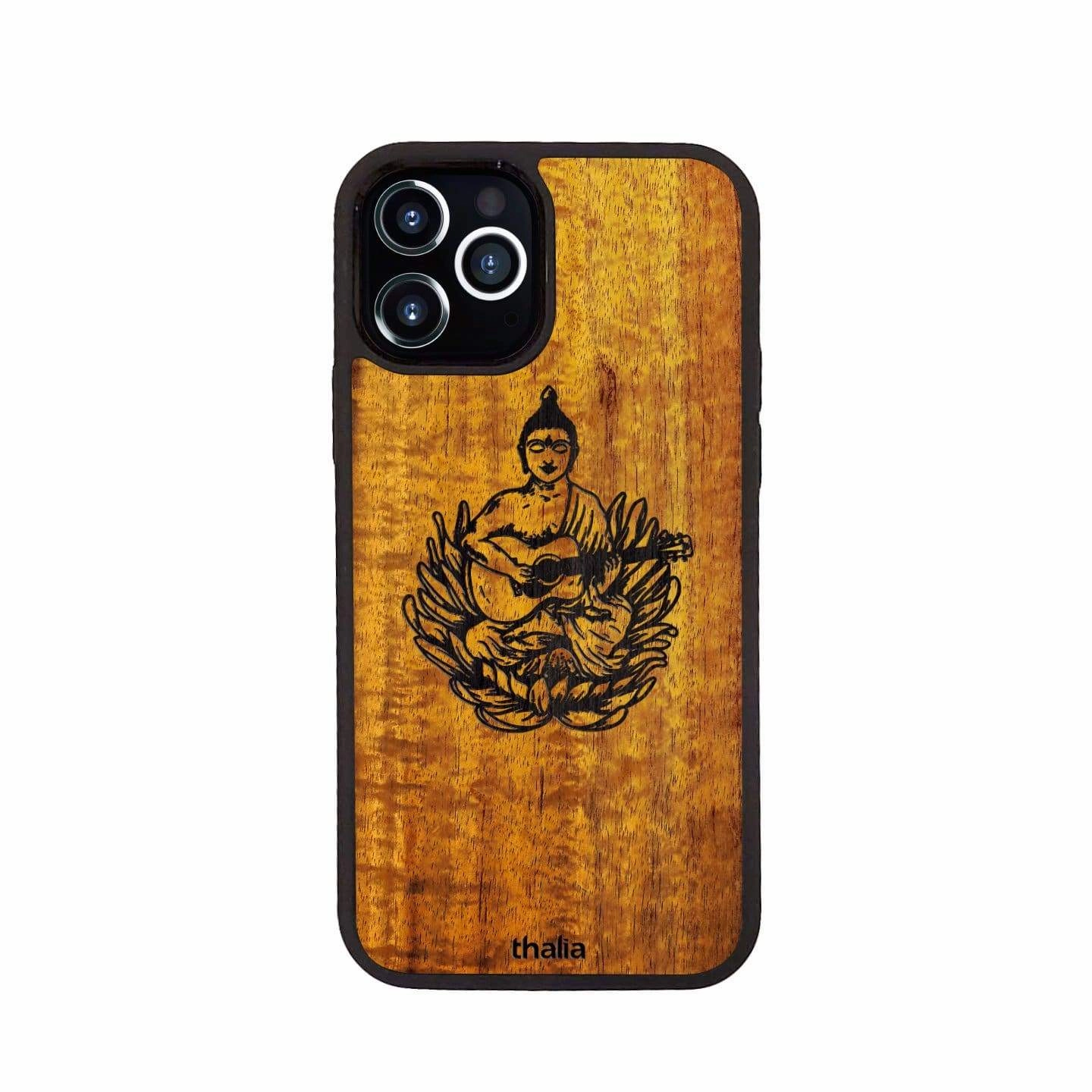 Light Protection Hawaiian Koa with Buddha Playing OM Guitar Engraving| iPhone Case