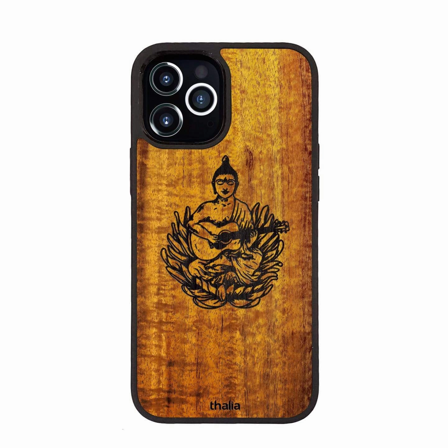 Hawaiian Koa with Buddha Playing OM Guitar Engraving| iPhone Case Elegant Texture Durable Build Quality