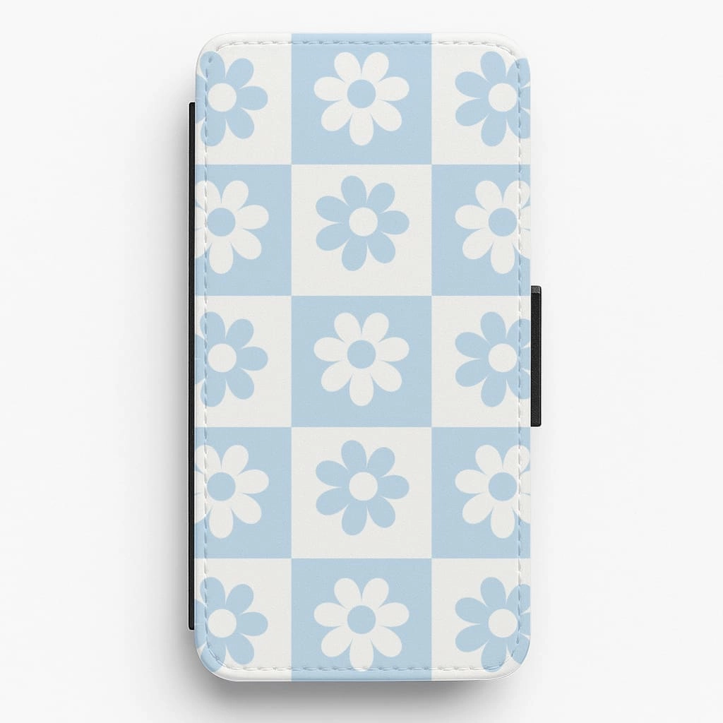 Checkered Flowers Blue Flip / Wallet Phone Case Strong Grip Rugged Surface Build