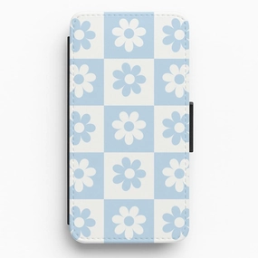 Checkered Flowers Blue Flip / Wallet Phone Case Strong Grip Rugged Surface Build