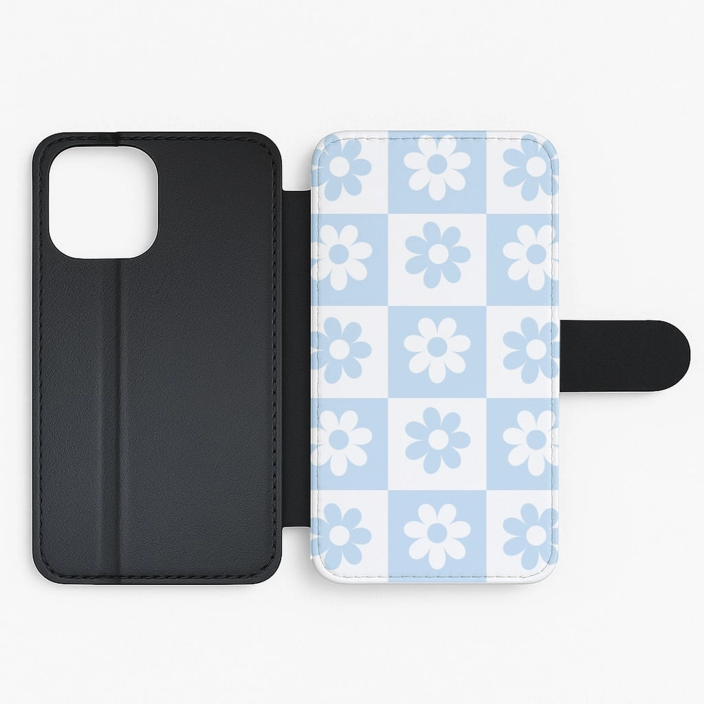Modern Grip Design Checkered Flowers Blue Flip / Wallet Phone Case