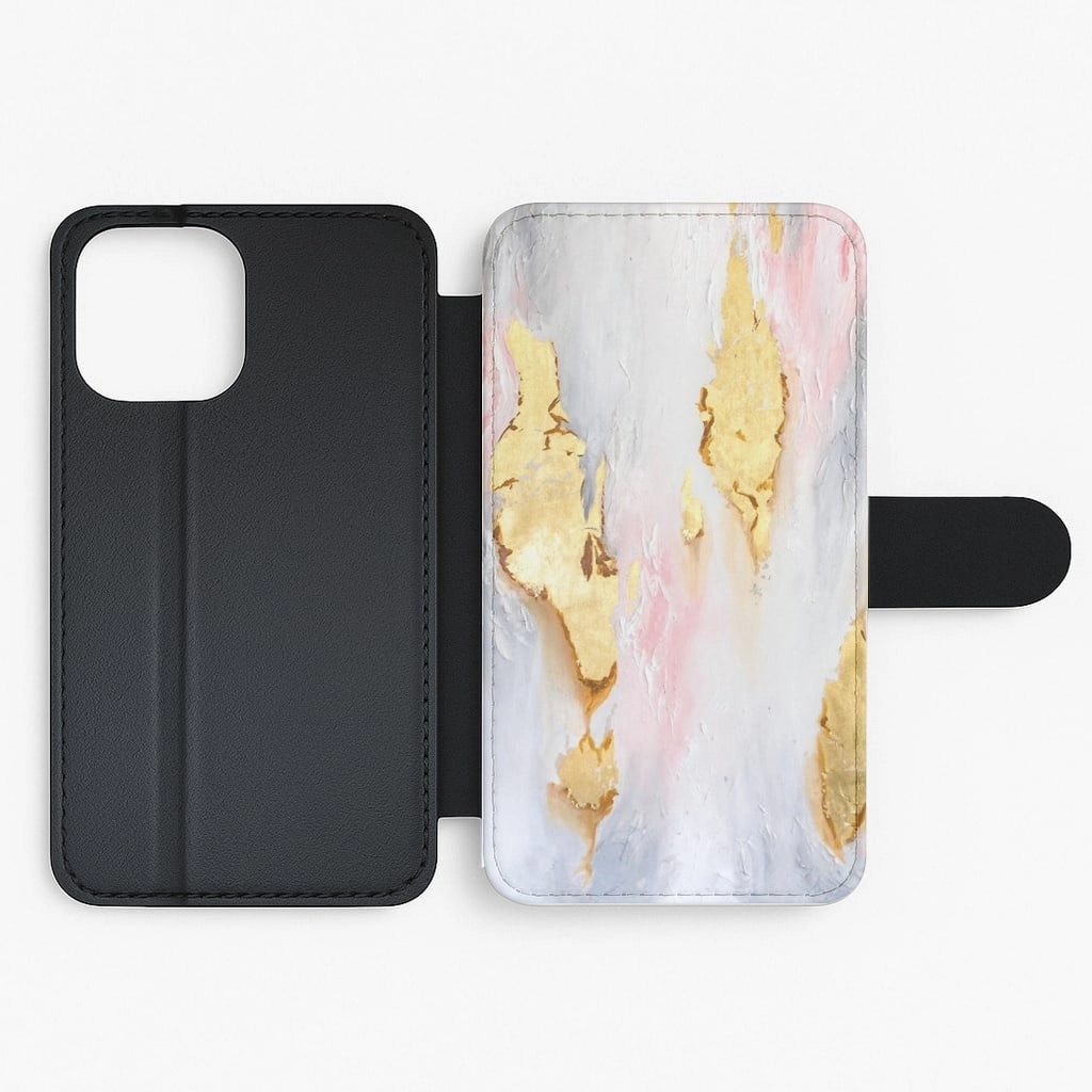 Gold Flaked Marble Pattern Flip / Wallet Phone Case Gloss Layer Finish Soft Grip Layer