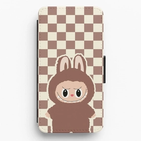 Checkered Cute Brown Monster  Flip / Wallet Phone Case Travel Friendly