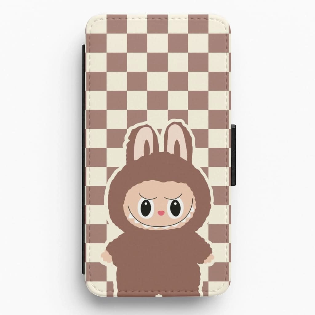 Checkered Cute Brown Monster  Flip / Wallet Phone Case Travel Friendly