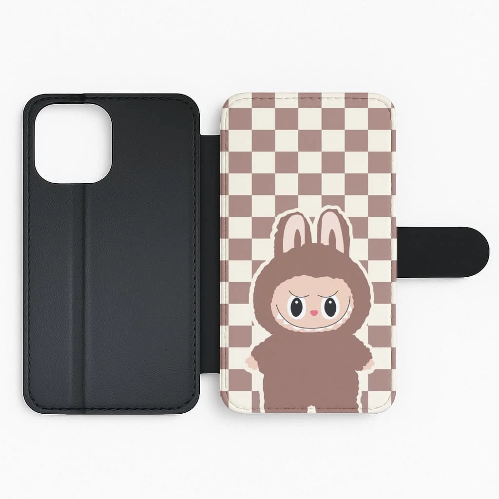 Checkered Cute Brown Monster  Flip / Wallet Phone Case Modern Style