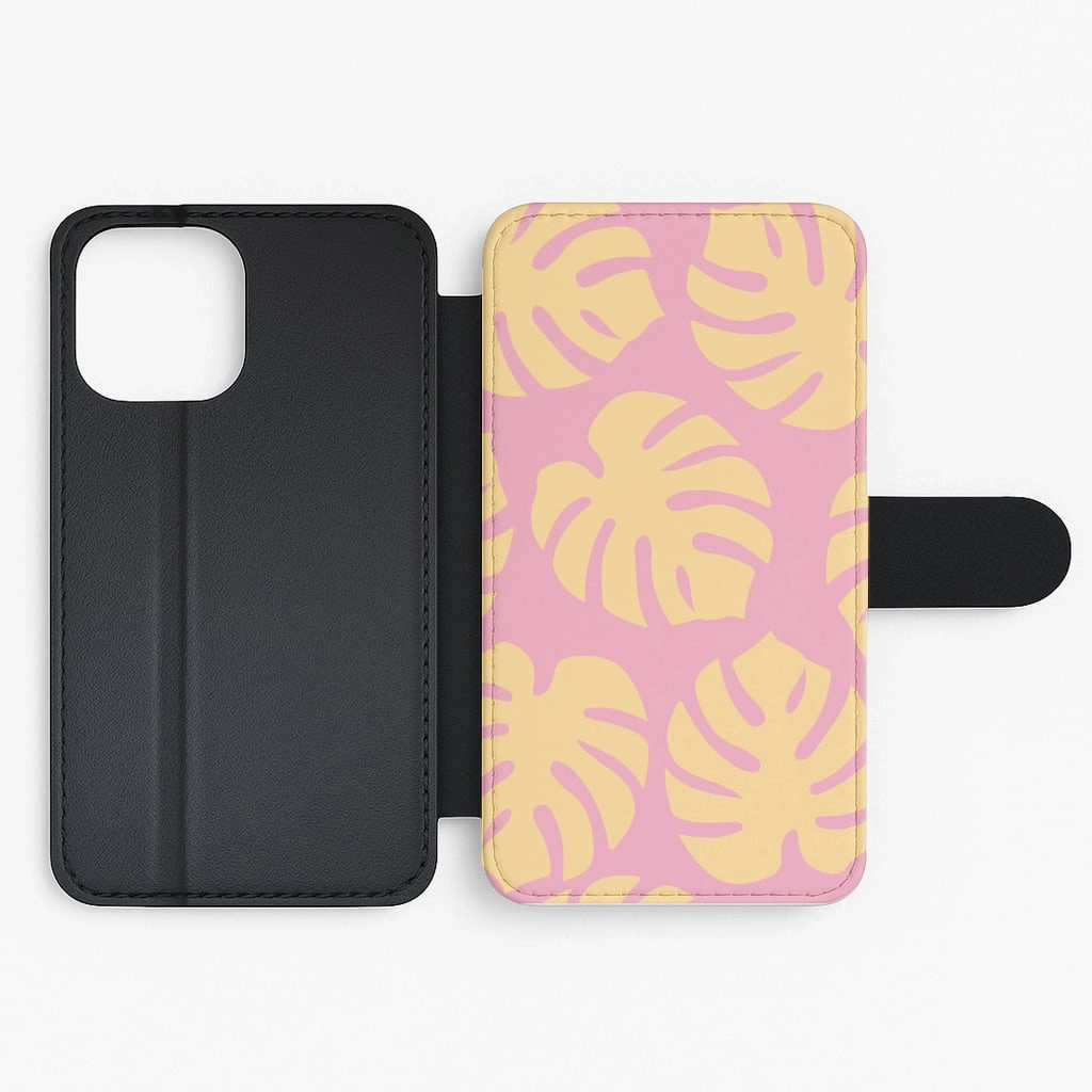 Precision Cutouts Flexible Edge Pink And Yellow Summer Leaves Pattern Flip / Wallet Phone Case