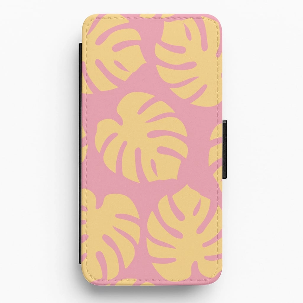 Shock Cushion Pink And Yellow Summer Leaves Pattern Flip / Wallet Phone Case