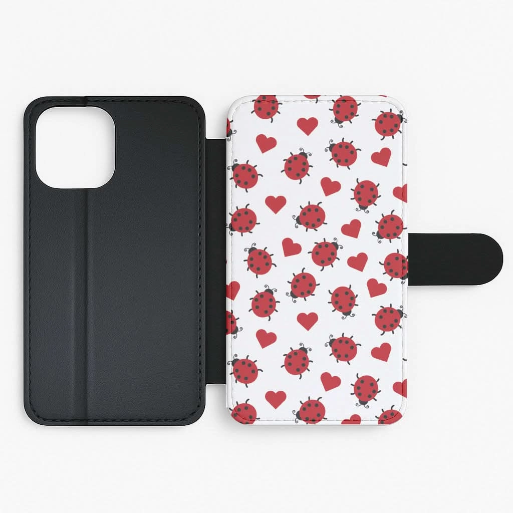 Ladybugs And Hearts Pattern Flip / Wallet Phone Case Youth Style Matte Texture Finish