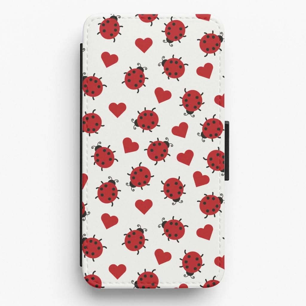 Ladybugs And Hearts Pattern Flip / Wallet Phone Case Unique Texture
