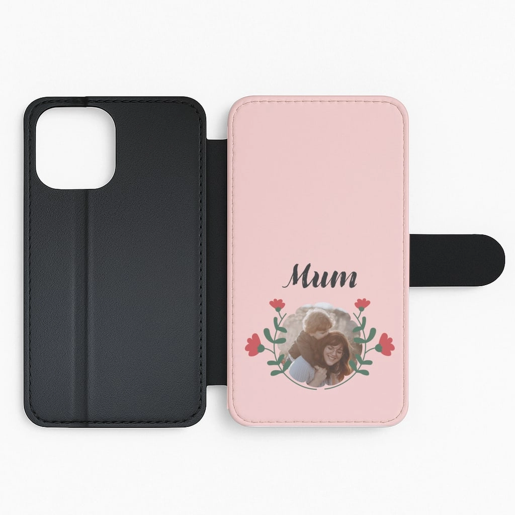 Mum Red Flowers - Personalised Mother's Day Flip / Wallet Phone Case Gloss Surface Bold colors