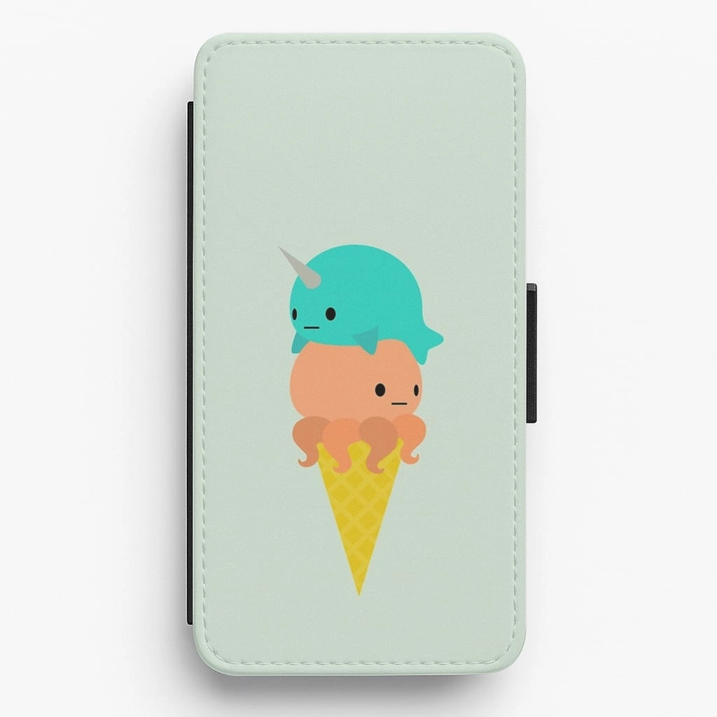 Narwhal Octopus Ice Cream Flip / Wallet Phone Case High End Look Matte Coating Finish
