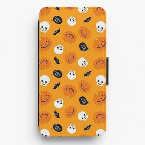 Orange Halloween Pattern Flip Wallet Phone Case Crystal Finish Refined Texture