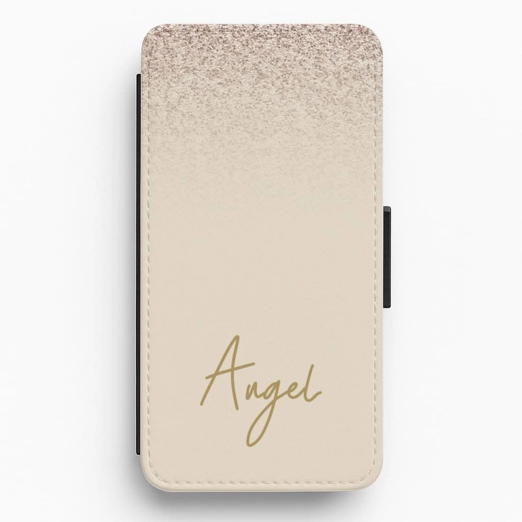 Trendy Look Peach Glitter Personalised Name Flip / Wallet Phone Case