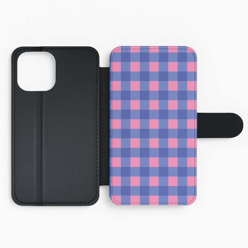 Colorful option Protective Design Pink And Blue Checkered Pattern Flip / Wallet Phone Case