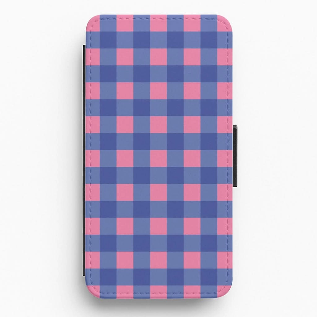 Pink And Blue Checkered Pattern Flip / Wallet Phone Case Smooth Lining