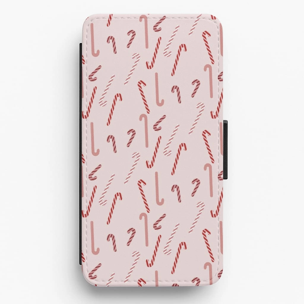 Pink Candycane Christmas Pattern Flip / Wallet Phone Case Rugged Finish Anti Shock Layer