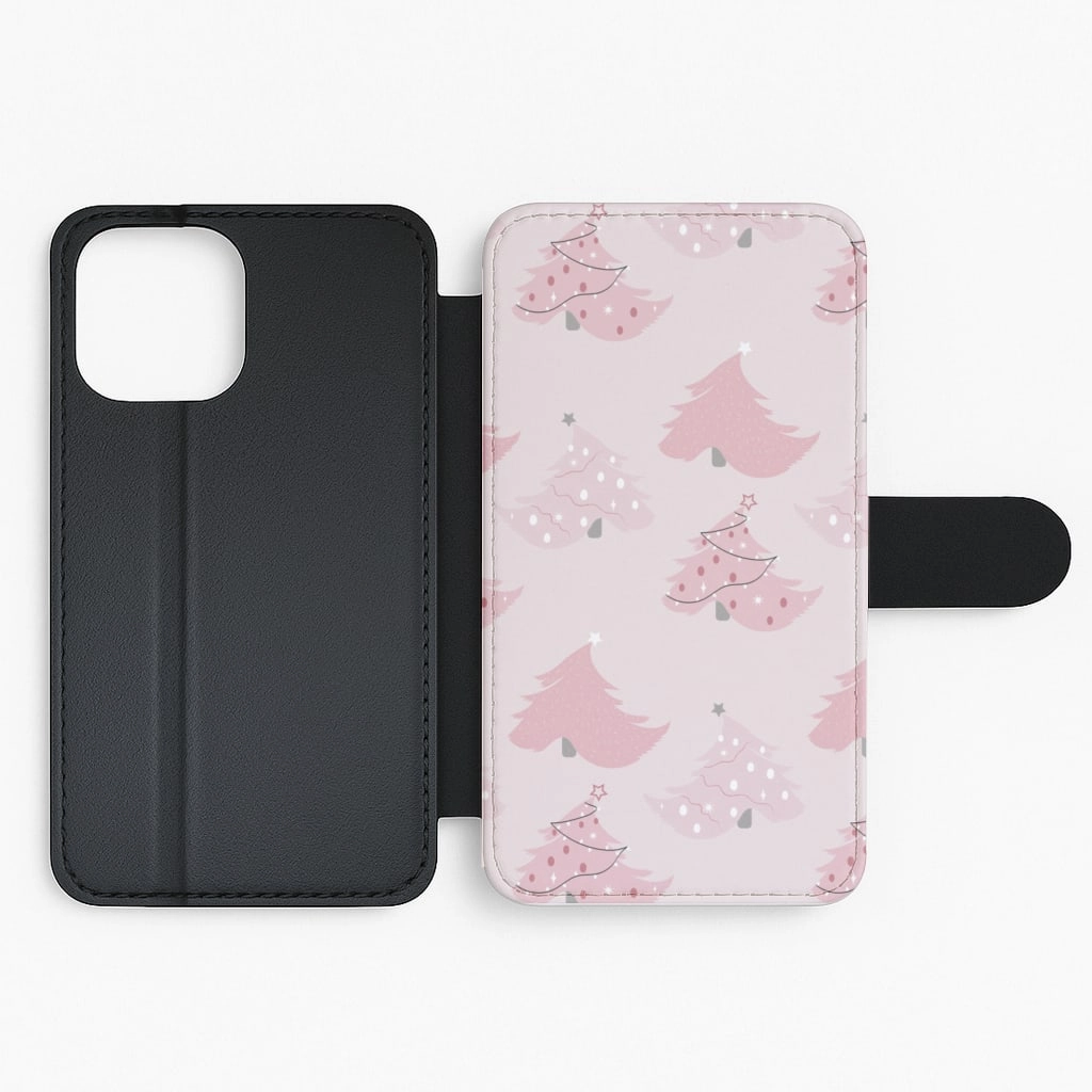 Pink Christmas Tree Pattern Flip / Wallet Phone Case Textured Detail